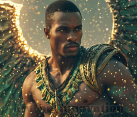 Stunning AI-generated male angel art — handsome heavenly warriors with enormous shimmering wings descending from the celestial realm. Heaven's Warriors Collection by Jeff Dupler.