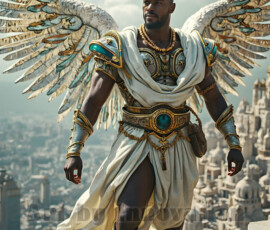 Stunning AI-generated male angel art — handsome heavenly warriors with enormous shimmering wings descending from the celestial realm. Heaven's Warriors Collection by Jeff Dupler.