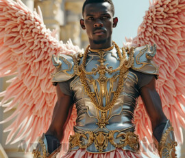 Stunning AI-generated male angel art — handsome heavenly warriors with enormous shimmering wings descending from the celestial realm. Heaven's Warriors Collection by Jeff Dupler.