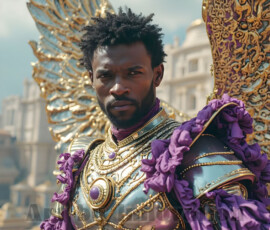 Stunning AI-generated male angel art — handsome heavenly warriors with enormous shimmering wings descending from the celestial realm. Heaven's Warriors Collection by Jeff Dupler.