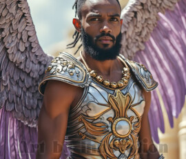 Stunning AI-generated male angel art — handsome heavenly warriors with enormous shimmering wings descending from the celestial realm. Heaven's Warriors Collection by Jeff Dupler.