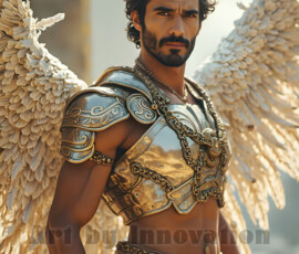 Stunning AI-generated male angel art — handsome heavenly warriors with enormous shimmering wings descending from the celestial realm. Heaven's Warriors Collection by Jeff Dupler.