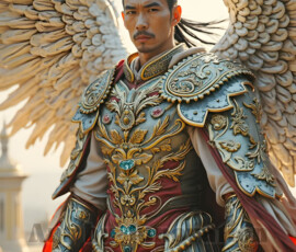 Stunning AI-generated male angel art — handsome heavenly warriors with enormous shimmering wings descending from the celestial realm. Heaven's Warriors Collection by Jeff Dupler.