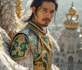 Stunning AI-generated male angel art — handsome heavenly warriors with enormous shimmering wings descending from the celestial realm. Heaven's Warriors Collection by Jeff Dupler.