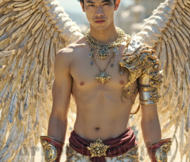 Stunning AI-generated male angel art — handsome heavenly warriors with enormous shimmering wings descending from the celestial realm. Heaven's Warriors Collection by Jeff Dupler.