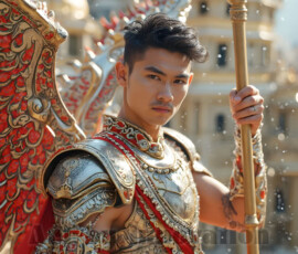 Stunning AI-generated male angel art — handsome heavenly warriors with enormous shimmering wings descending from the celestial realm. Heaven's Warriors Collection by Jeff Dupler.