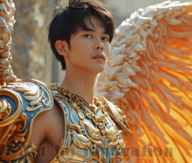Stunning AI-generated male angel art — handsome heavenly warriors with enormous shimmering wings descending from the celestial realm. Heaven's Warriors Collection by Jeff Dupler.