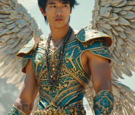 Stunning AI-generated male angel art — handsome heavenly warriors with enormous shimmering wings descending from the celestial realm. Heaven's Warriors Collection by Jeff Dupler.