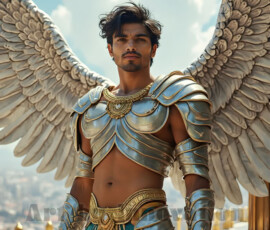 Stunning AI-generated male angel art — handsome heavenly warriors with enormous shimmering wings descending from the celestial realm. Heaven's Warriors Collection by Jeff Dupler.