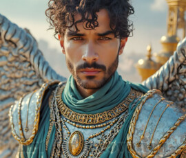 Stunning AI-generated male angel art — handsome heavenly warriors with enormous shimmering wings descending from the celestial realm. Heaven's Warriors Collection by Jeff Dupler.