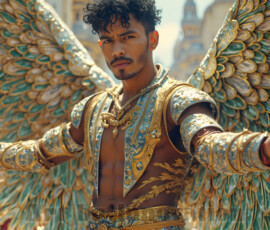 Stunning AI-generated male angel art — handsome heavenly warriors with enormous shimmering wings descending from the celestial realm. Heaven's Warriors Collection by Jeff Dupler.