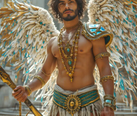 Stunning AI-generated male angel art — handsome heavenly warriors with enormous shimmering wings descending from the celestial realm. Heaven's Warriors Collection by Jeff Dupler.