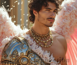 Stunning AI-generated male angel art — handsome heavenly warriors with enormous shimmering wings descending from the celestial realm. Heaven's Warriors Collection by Jeff Dupler.