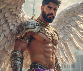 Stunning AI-generated male angel art — handsome heavenly warriors with enormous shimmering wings descending from the celestial realm. Heaven's Warriors Collection by Jeff Dupler.