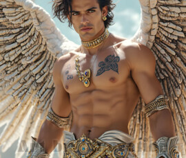 Stunning AI-generated male angel art — handsome heavenly warriors with enormous shimmering wings descending from the celestial realm. Heaven's Warriors Collection by Jeff Dupler.