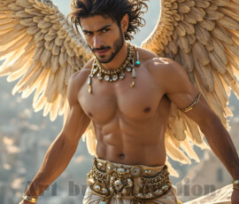 Stunning AI-generated male angel art — handsome heavenly warriors with enormous shimmering wings descending from the celestial realm. Heaven's Warriors Collection by Jeff Dupler.