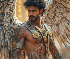 Stunning AI-generated male angel art — handsome heavenly warriors with enormous shimmering wings descending from the celestial realm. Heaven's Warriors Collection by Jeff Dupler.