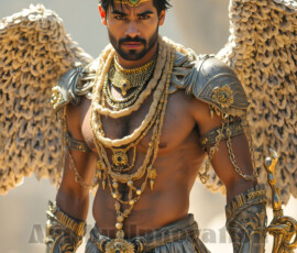 Stunning AI-generated male angel art — handsome heavenly warriors with enormous shimmering wings descending from the celestial realm. Heaven's Warriors Collection by Jeff Dupler.