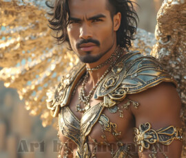 Stunning AI-generated male angel art — handsome heavenly warriors with enormous shimmering wings descending from the celestial realm. Heaven's Warriors Collection by Jeff Dupler.