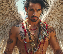 Stunning AI-generated male angel art — handsome heavenly warriors with enormous shimmering wings descending from the celestial realm. Heaven's Warriors Collection by Jeff Dupler.
