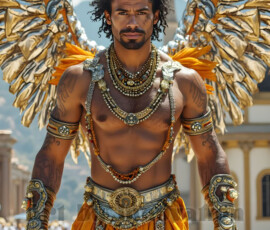 Stunning AI-generated male angel art — handsome heavenly warriors with enormous shimmering wings descending from the celestial realm. Heaven's Warriors Collection by Jeff Dupler.