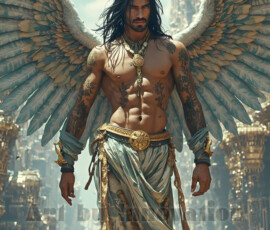 Stunning AI-generated male angel art — handsome heavenly warriors with enormous shimmering wings descending from the celestial realm. Heaven's Warriors Collection by Jeff Dupler.
