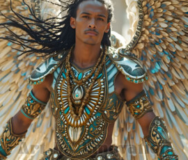 Stunning AI-generated male angel art — handsome heavenly warriors with enormous shimmering wings descending from the celestial realm. Heaven's Warriors Collection by Jeff Dupler.