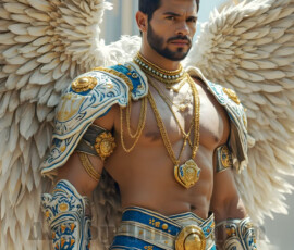Stunning AI-generated male angel art — handsome heavenly warriors with enormous shimmering wings descending from the celestial realm. Heaven's Warriors Collection by Jeff Dupler.