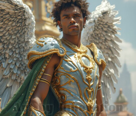 Stunning AI-generated male angel art — handsome heavenly warriors with enormous shimmering wings descending from the celestial realm. Heaven's Warriors Collection by Jeff Dupler.