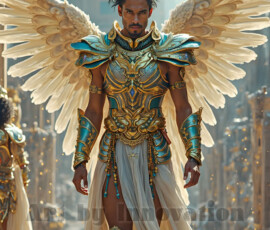 Stunning AI-generated male angel art — handsome heavenly warriors with enormous shimmering wings descending from the celestial realm. Heaven's Warriors Collection by Jeff Dupler.