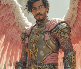 Stunning AI-generated male angel art — handsome heavenly warriors with enormous shimmering wings descending from the celestial realm. Heaven's Warriors Collection by Jeff Dupler.