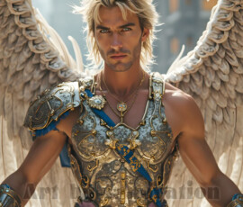 Stunning AI-generated male angel art — handsome heavenly warriors with enormous shimmering wings descending from the celestial realm. Heaven's Warriors Collection by Jeff Dupler.
