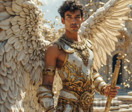Stunning AI-generated male angel art — handsome heavenly warriors with enormous shimmering wings descending from the celestial realm. Heaven's Warriors Collection by Jeff Dupler.