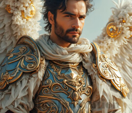 Stunning AI-generated male angel art — handsome heavenly warriors with enormous shimmering wings descending from the celestial realm. Heaven's Warriors Collection by Jeff Dupler.