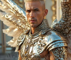 Stunning AI-generated male angel art — handsome heavenly warriors with enormous shimmering wings descending from the celestial realm. Heaven's Warriors Collection by Jeff Dupler.