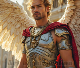 Stunning AI-generated male angel art — handsome heavenly warriors with enormous shimmering wings descending from the celestial realm. Heaven's Warriors Collection by Jeff Dupler.
