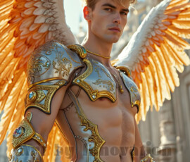 Stunning AI-generated male angel art — handsome heavenly warriors with enormous shimmering wings descending from the celestial realm. Heaven's Warriors Collection by Jeff Dupler.