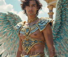 Stunning AI-generated male angel art — handsome heavenly warriors with enormous shimmering wings descending from the celestial realm. Heaven's Warriors Collection by Jeff Dupler.