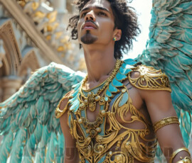 Stunning AI-generated male angel art — handsome heavenly warriors with enormous shimmering wings descending from the celestial realm. Heaven's Warriors Collection by Jeff Dupler.