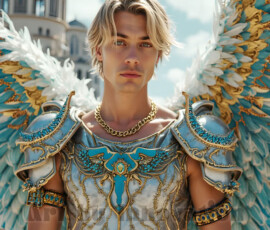Stunning AI-generated male angel art — handsome heavenly warriors with enormous shimmering wings descending from the celestial realm. Heaven's Warriors Collection by Jeff Dupler.