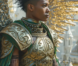 Stunning AI-generated male angel art — handsome heavenly warriors with enormous shimmering wings descending from the celestial realm. Heaven's Warriors Collection by Jeff Dupler.