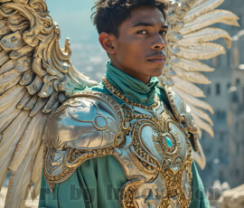 Stunning AI-generated male angel art — handsome heavenly warriors with enormous shimmering wings descending from the celestial realm. Heaven's Warriors Collection by Jeff Dupler.