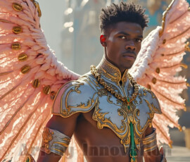 Stunning AI-generated male angel art — handsome heavenly warriors with enormous shimmering wings descending from the celestial realm. Heaven's Warriors Collection by Jeff Dupler.