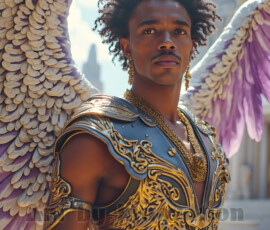 Stunning AI-generated male angel art — handsome heavenly warriors with enormous shimmering wings descending from the celestial realm. Heaven's Warriors Collection by Jeff Dupler.