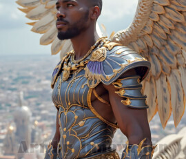 Stunning AI-generated male angel art — handsome heavenly warriors with enormous shimmering wings descending from the celestial realm. Heaven's Warriors Collection by Jeff Dupler.