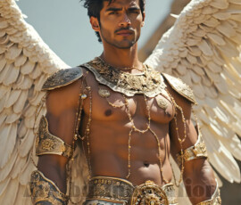 Stunning AI-generated male angel art — handsome heavenly warriors with enormous shimmering wings descending from the celestial realm. Heaven's Warriors Collection by Jeff Dupler.