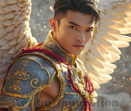 Stunning AI-generated male angel art — handsome heavenly warriors with enormous shimmering wings descending from the celestial realm. Heaven's Warriors Collection by Jeff Dupler.