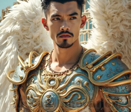 Stunning AI-generated male angel art — handsome heavenly warriors with enormous shimmering wings descending from the celestial realm. Heaven's Warriors Collection by Jeff Dupler.
