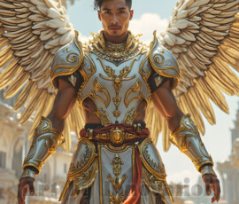 Stunning AI-generated male angel art — handsome heavenly warriors with enormous shimmering wings descending from the celestial realm. Heaven's Warriors Collection by Jeff Dupler.