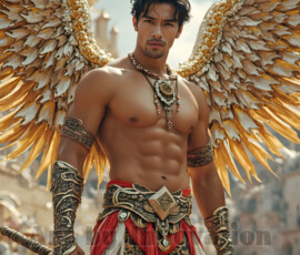 Stunning AI-generated male angel art — handsome heavenly warriors with enormous shimmering wings descending from the celestial realm. Heaven's Warriors Collection by Jeff Dupler.